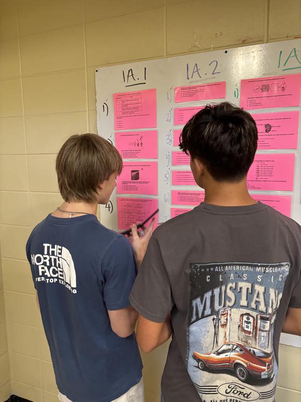 Two students looking at trivia cards on the wall