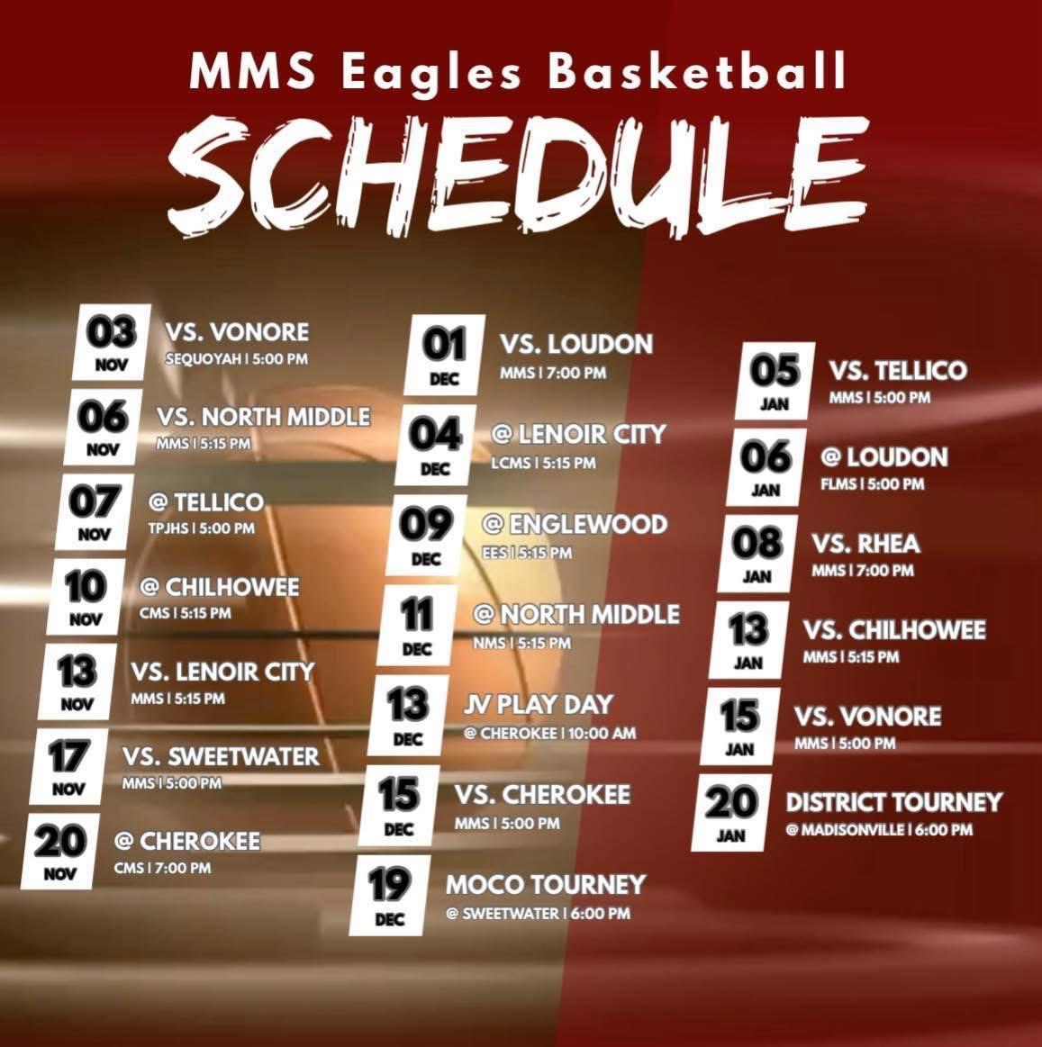MMS Eagles Basketball schedule with dates, opponents, and times.