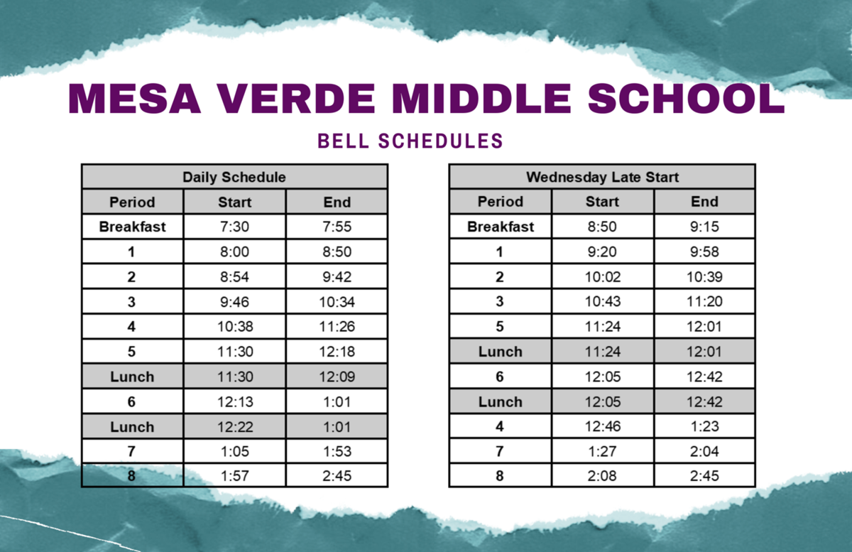 Bell Schedule Calendars MESA VERDE MIDDLE SCHOOL Bell Schedule Calendars MESA VERDE MIDDLE SCHOOL