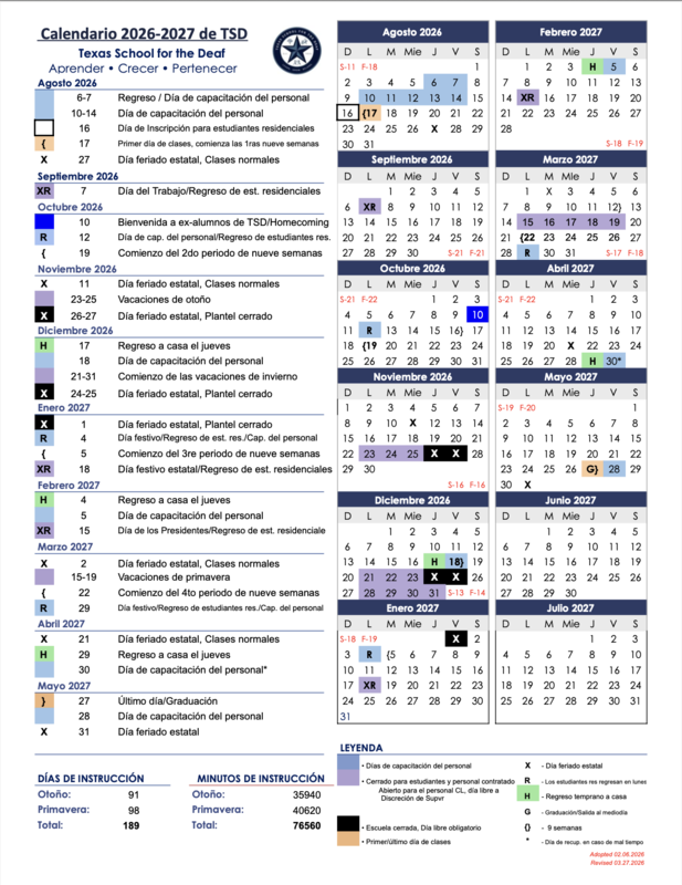 2026-2027 School Calendar image (Spanish text)