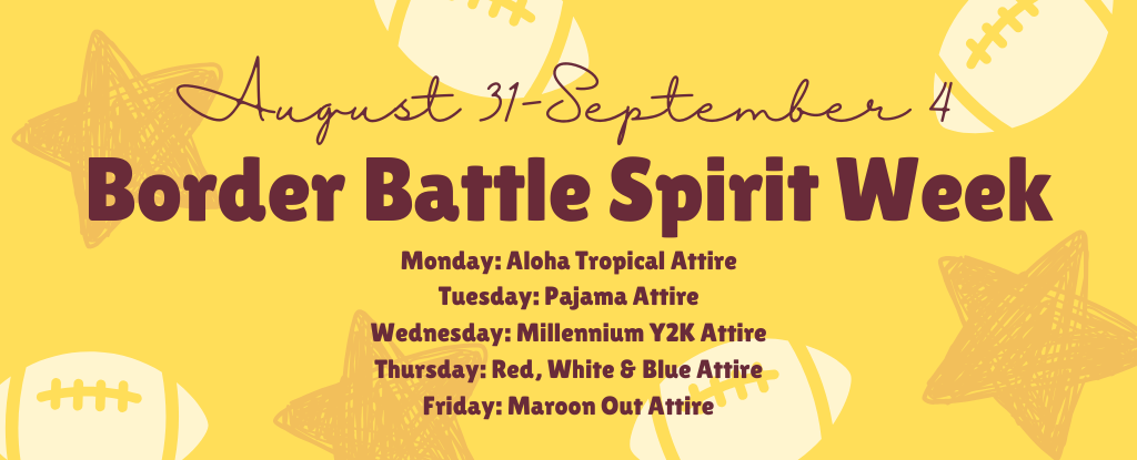 Text announcement of Border Battle Spirit Week schedule with days and attire themes.