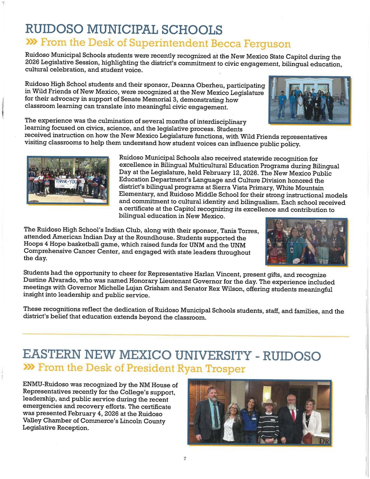 Recognition of Ruidoso High School students for advocacy and participation in legislative efforts.