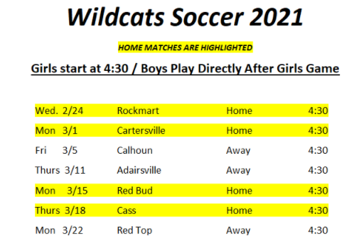 2021 Region Soccer Schedule
