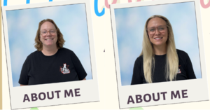 Two women in black TSD t-shirts with a blue background, both smiling and standing side by side.