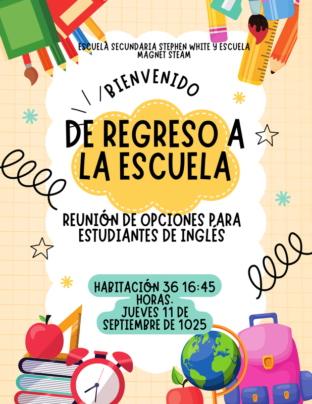 Back to School English Learner Options Meeting flyer Spanish