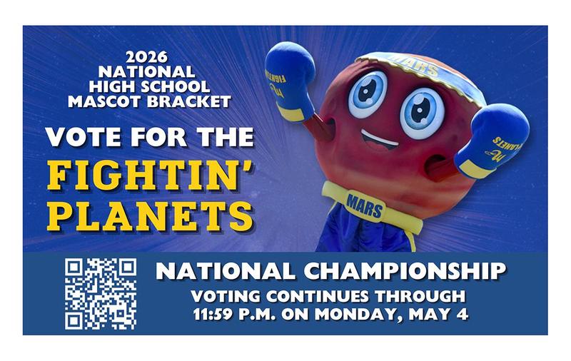 a red, ball-shaped mascot cheering with information about a national mascot contest