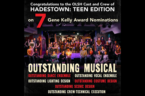 cast of Hadestown: Teen Edition on stage with text in red and white listing nominations
