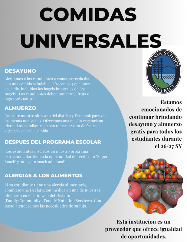 Flier (Spanish) for free breakfast & lunch for every student 26/27 school year