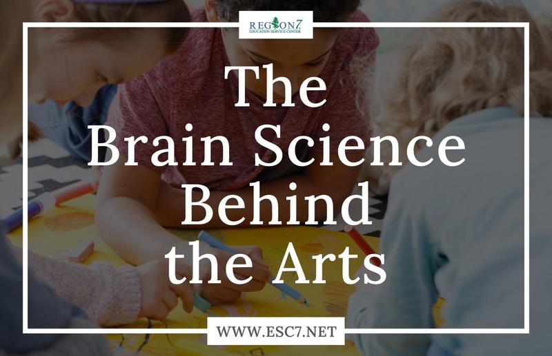 Three children coloring together at a table, with text overlay reading ‘The Brain Science Behind the Arts’ and the Region 7 Education Service Center logo and website address www.esc7.net
