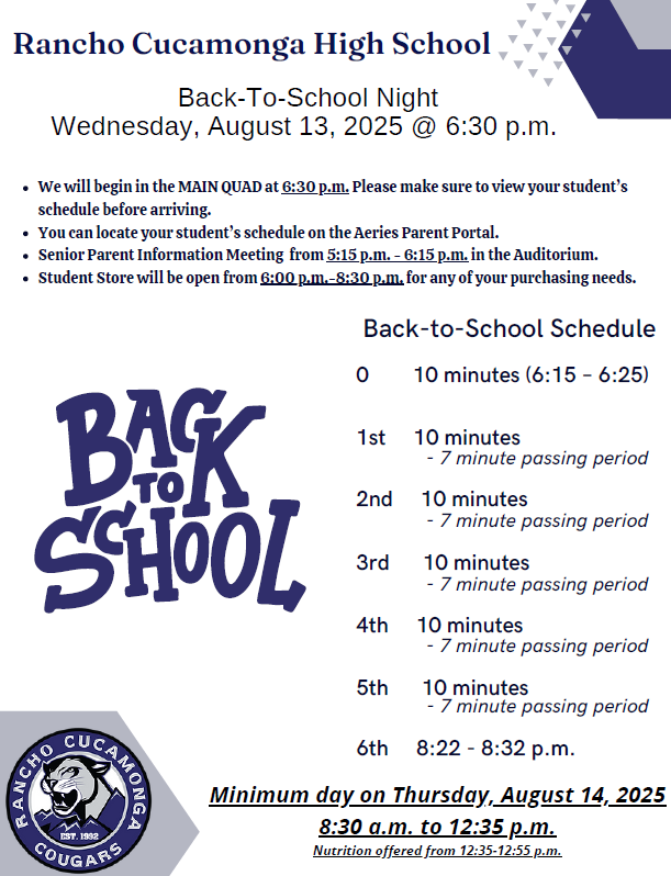 RCHS Back to School Night Information