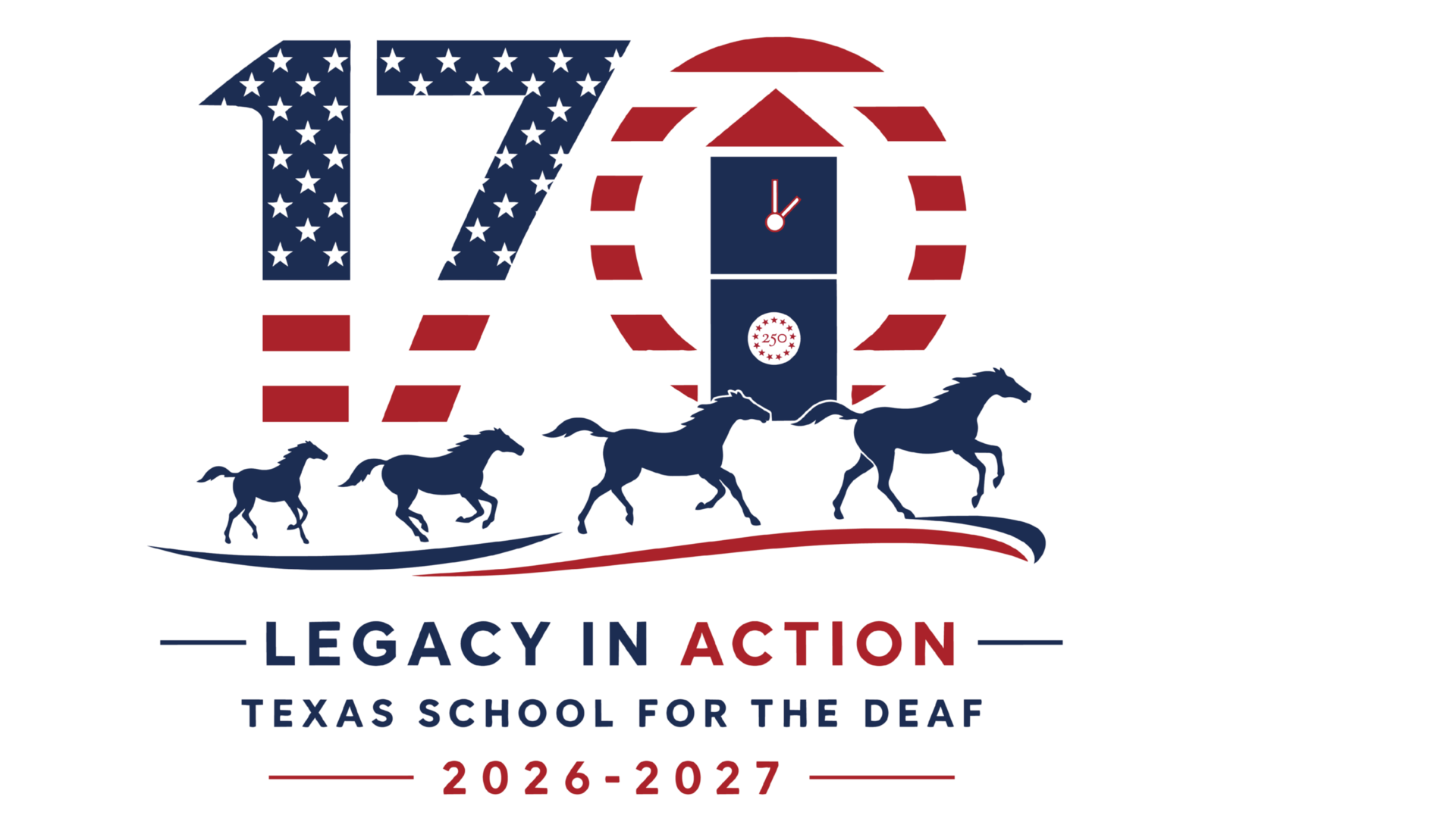 Logo featuring horses and clock, commemorating 170 years of Texas School for the Deaf.