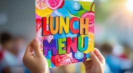 Person holding a colorful lunch menu.