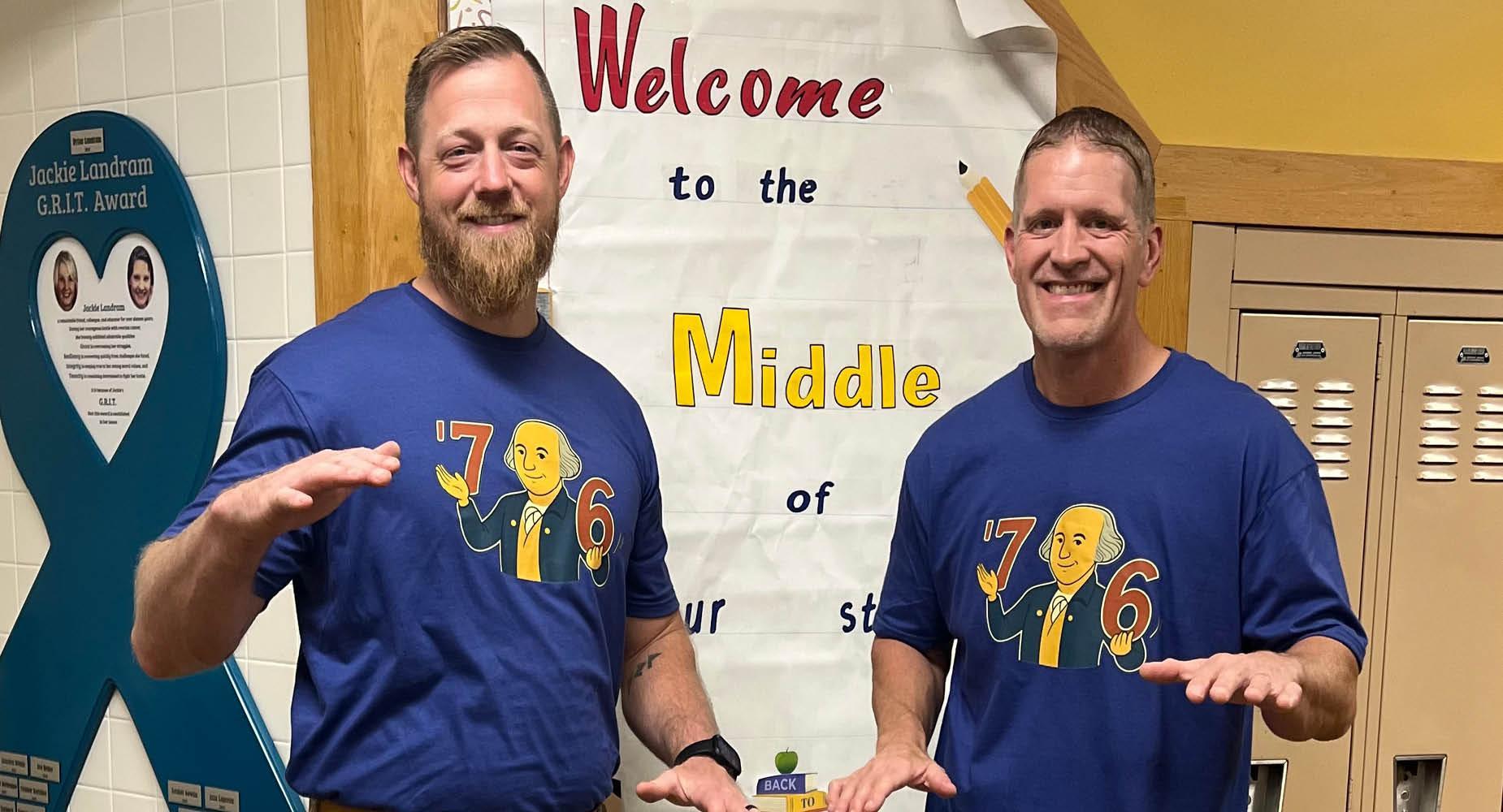 Penn Middle school teacher Mr. Weir and Mr. Waszo wear George Washington t-shirts