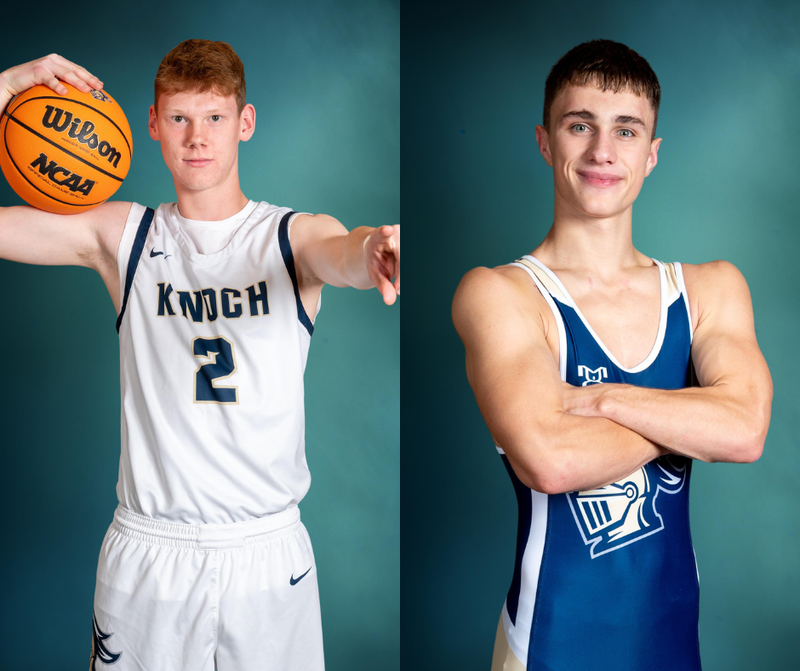 boy basketball player holding ball and boy wrestler with crossed arms