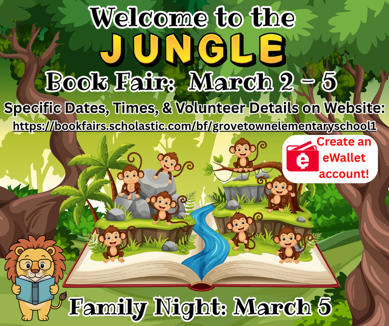 Animals reading a book with a jungle background. Text advertising a March 1-5 book fair.
