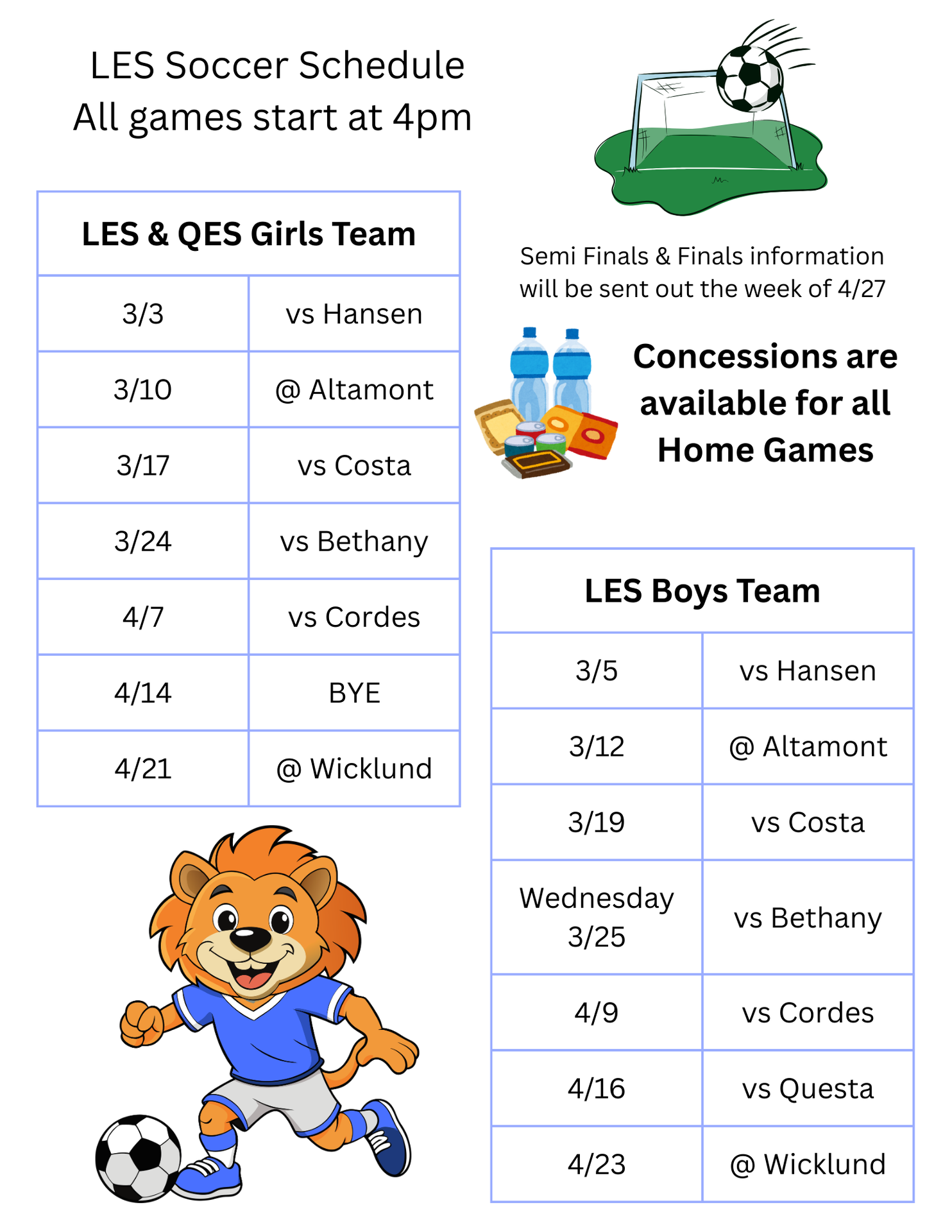 LES Soccer Schedule