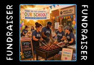 Men and women in front of a school barbecuing food with the word fundraiser