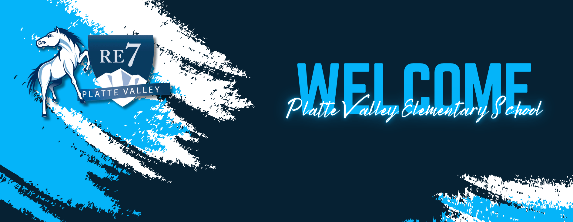 Welcome banner for Platte Valley Elementary School with a horse logo and blue brush strokes.
