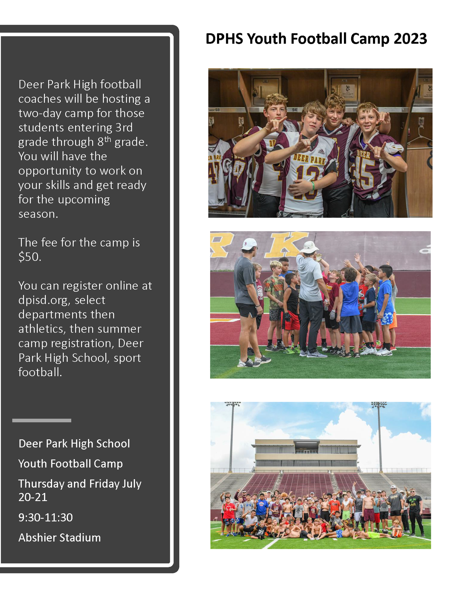 Youth Football Summer Camp DPHS Football Deer Park Independent