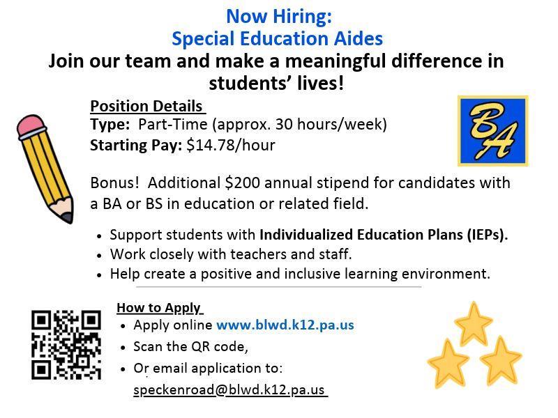 Job advertisement for Special Education Aides with application details.