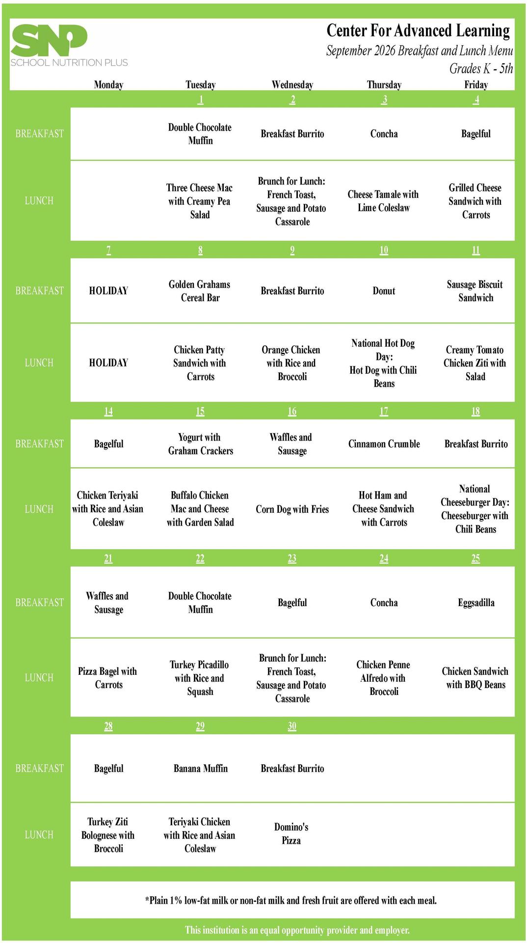 September 2026 Menu