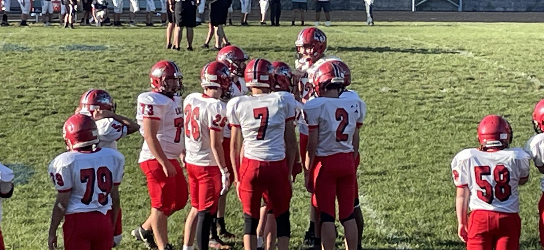 Football players huddle during a game.