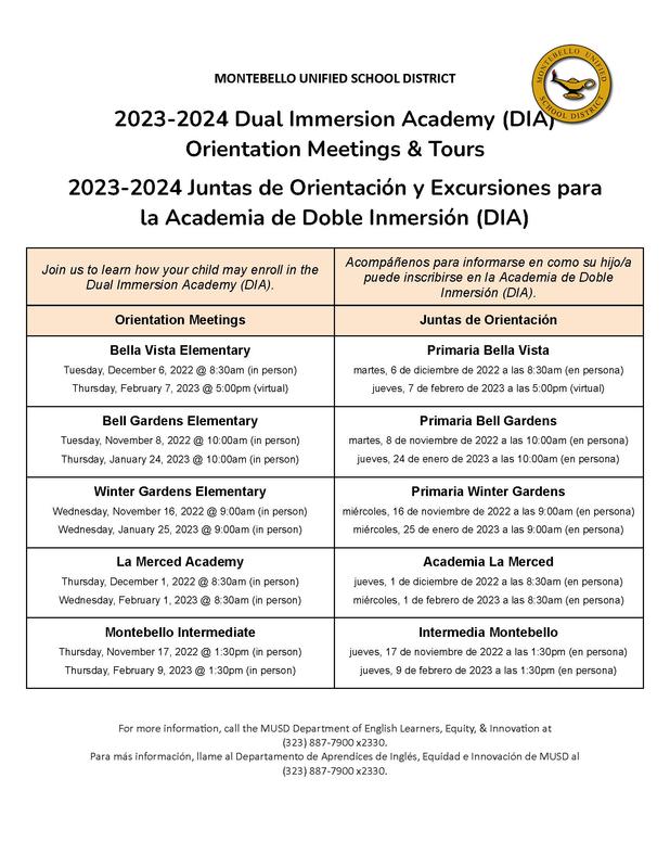 Dual Immersion Academy Program Orientation flyer