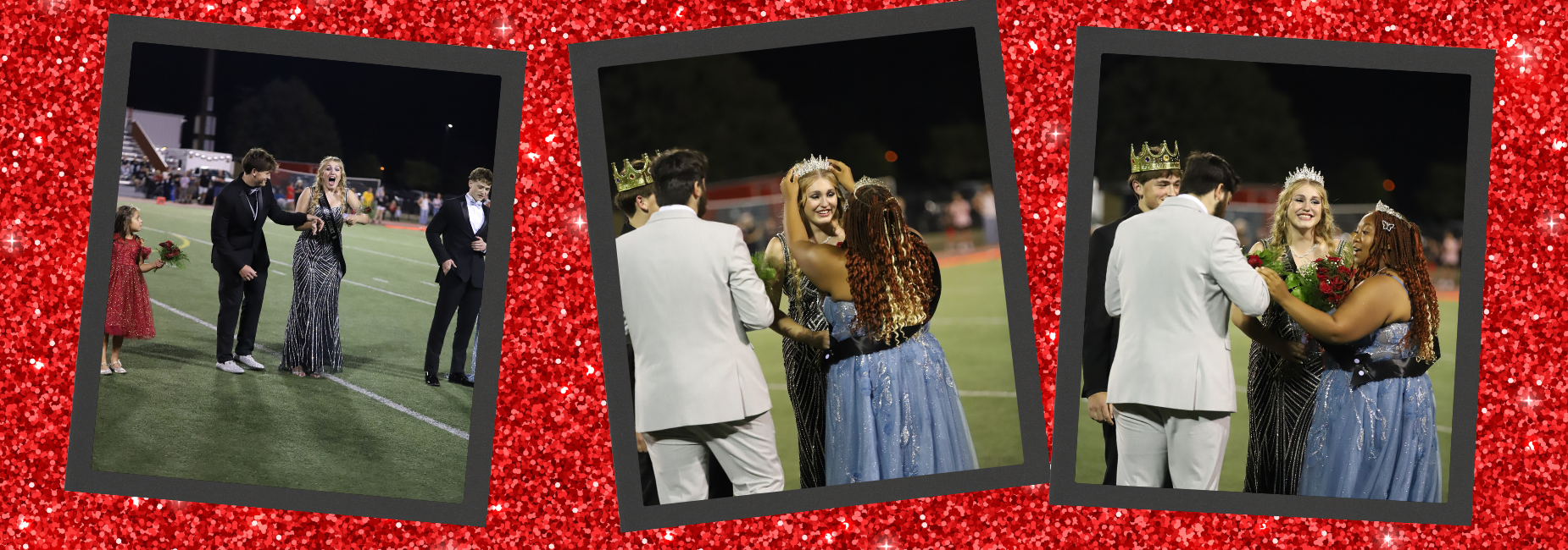 Students crowned at homecoming ceremony on a glittery red background.