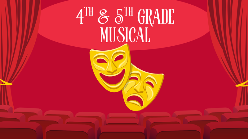 Illustration in red of a stage and stage curtains with theater faces.