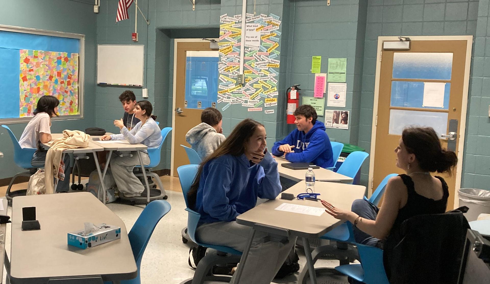 Seniors talked with juniors at the College Essay Circles, May 20 and 21.