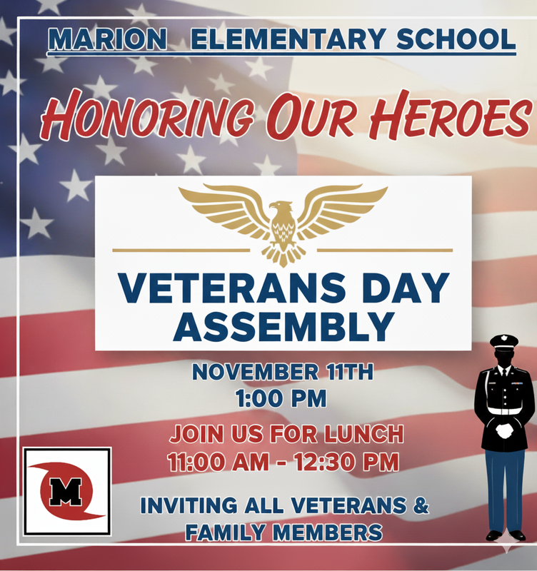flyer for the Veterans Assembly at MES on November 11 at 1:00pm