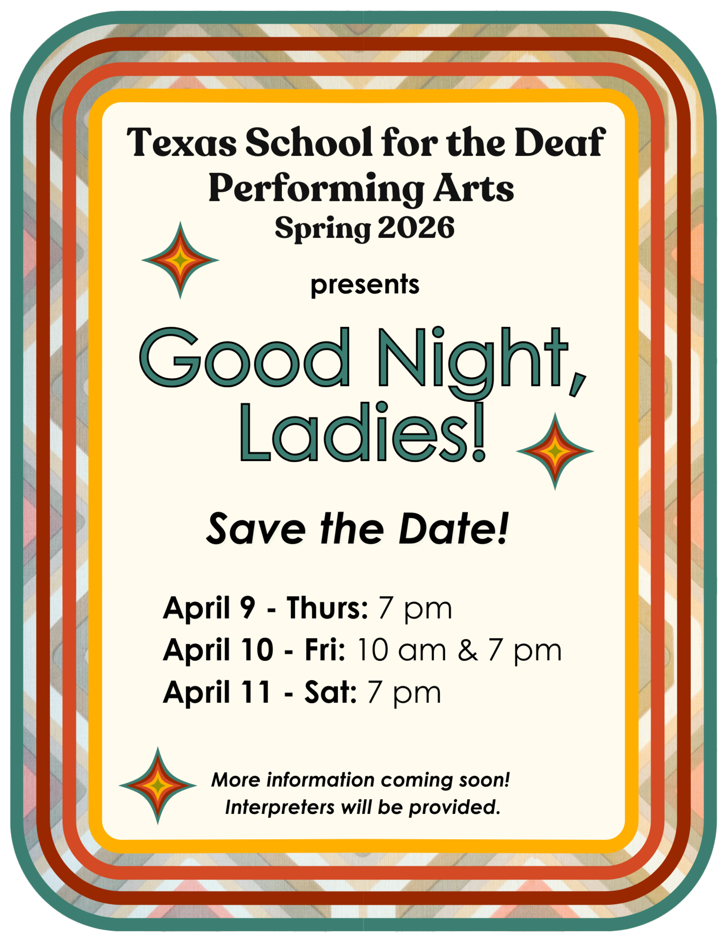 Save the date flyer for "Good Night, Ladies!" in April 2026 (English)