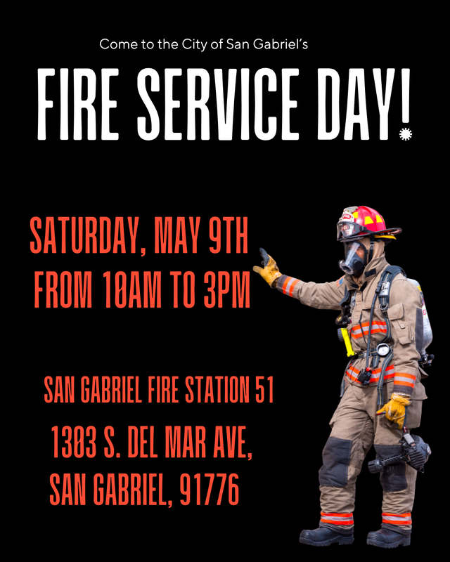 Event flyer for Fire Service Day with a firefighter and details.