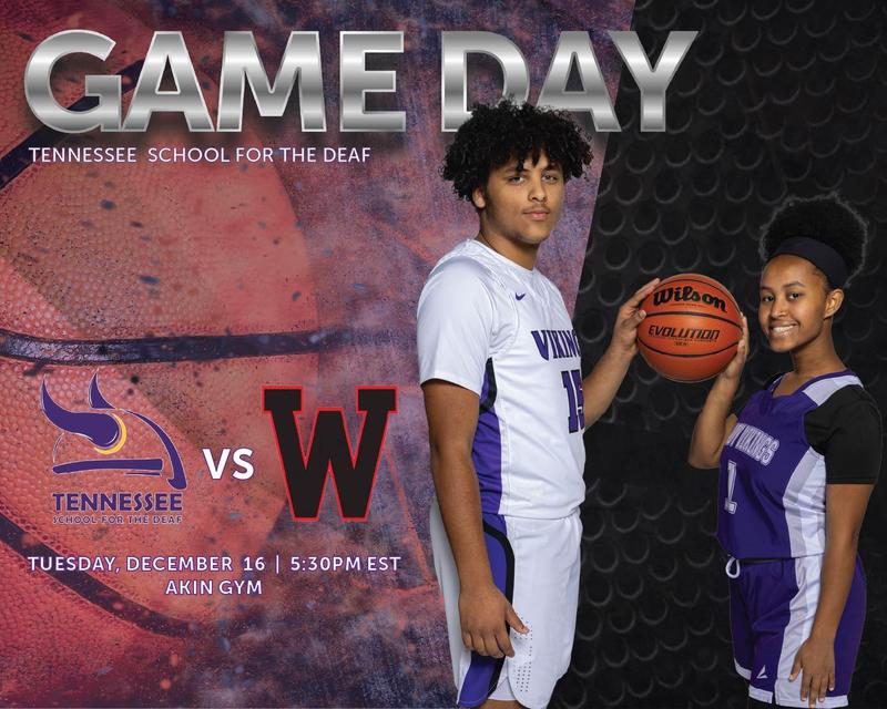 Two young athletes in sports uniforms holding a basketball with game details overlay.