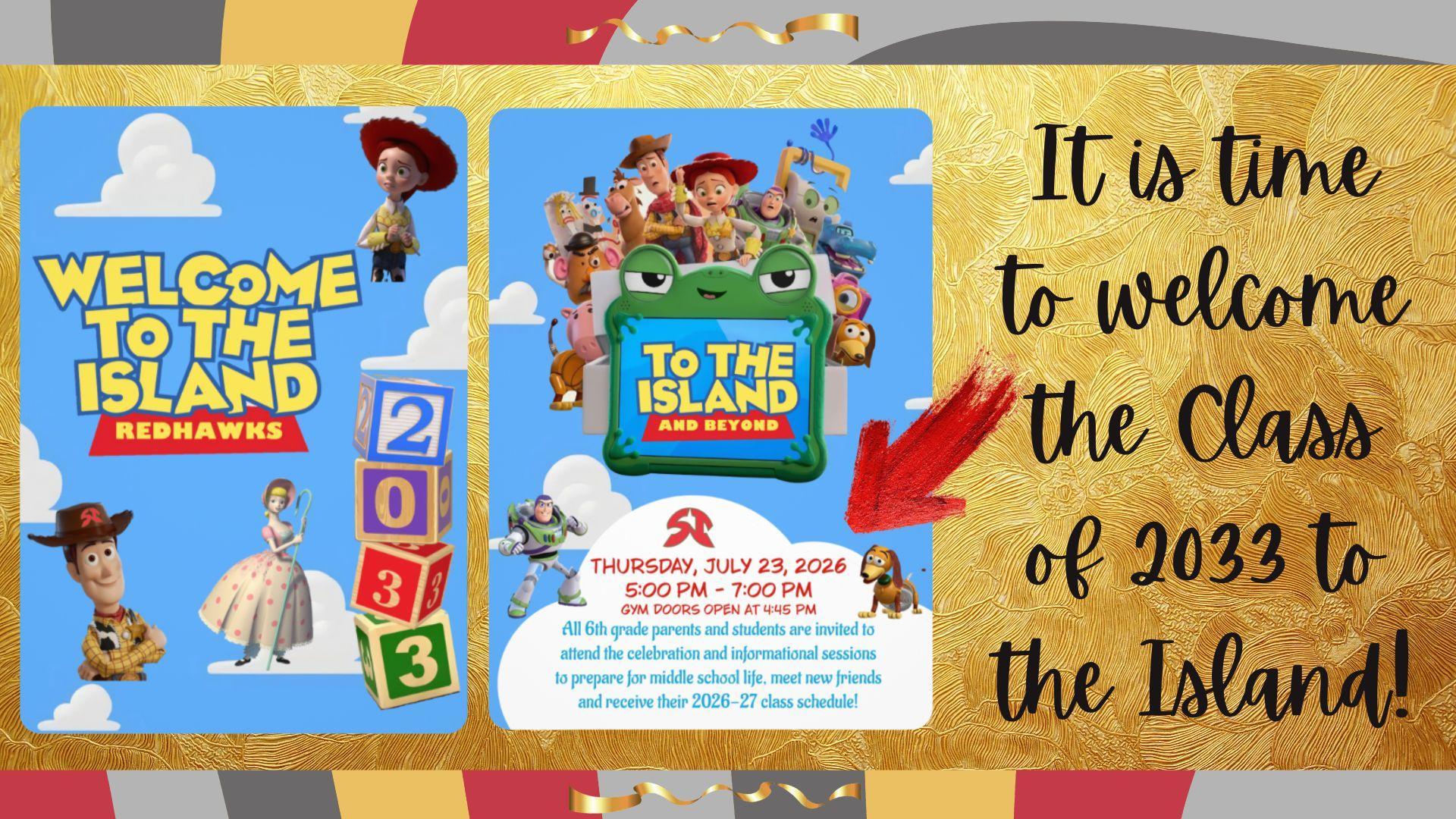 Event invitation for the Class of 2023 with playful graphics and details.