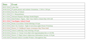 Event list for September 2026 including dates and descriptions.