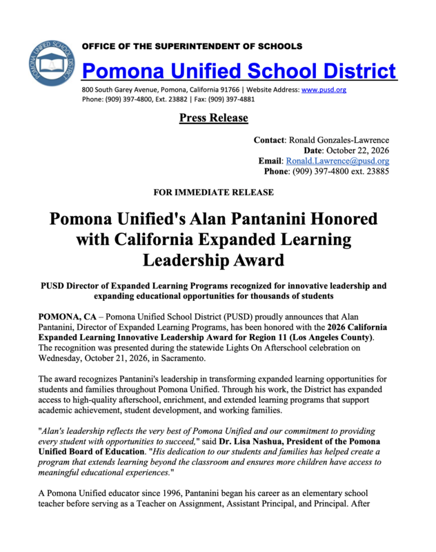 PUSD Director of Expanded Learning Programs recognized for innovative leadership and expanding educational opportunities for thousands of students