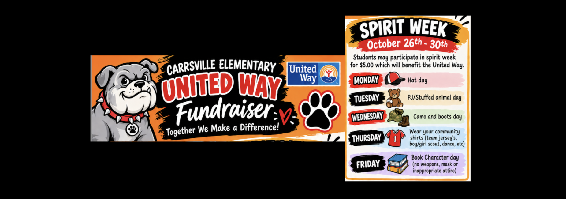 Banner for Carvsville Elementary's United Way Fundraiser and Spirit Week schedule.