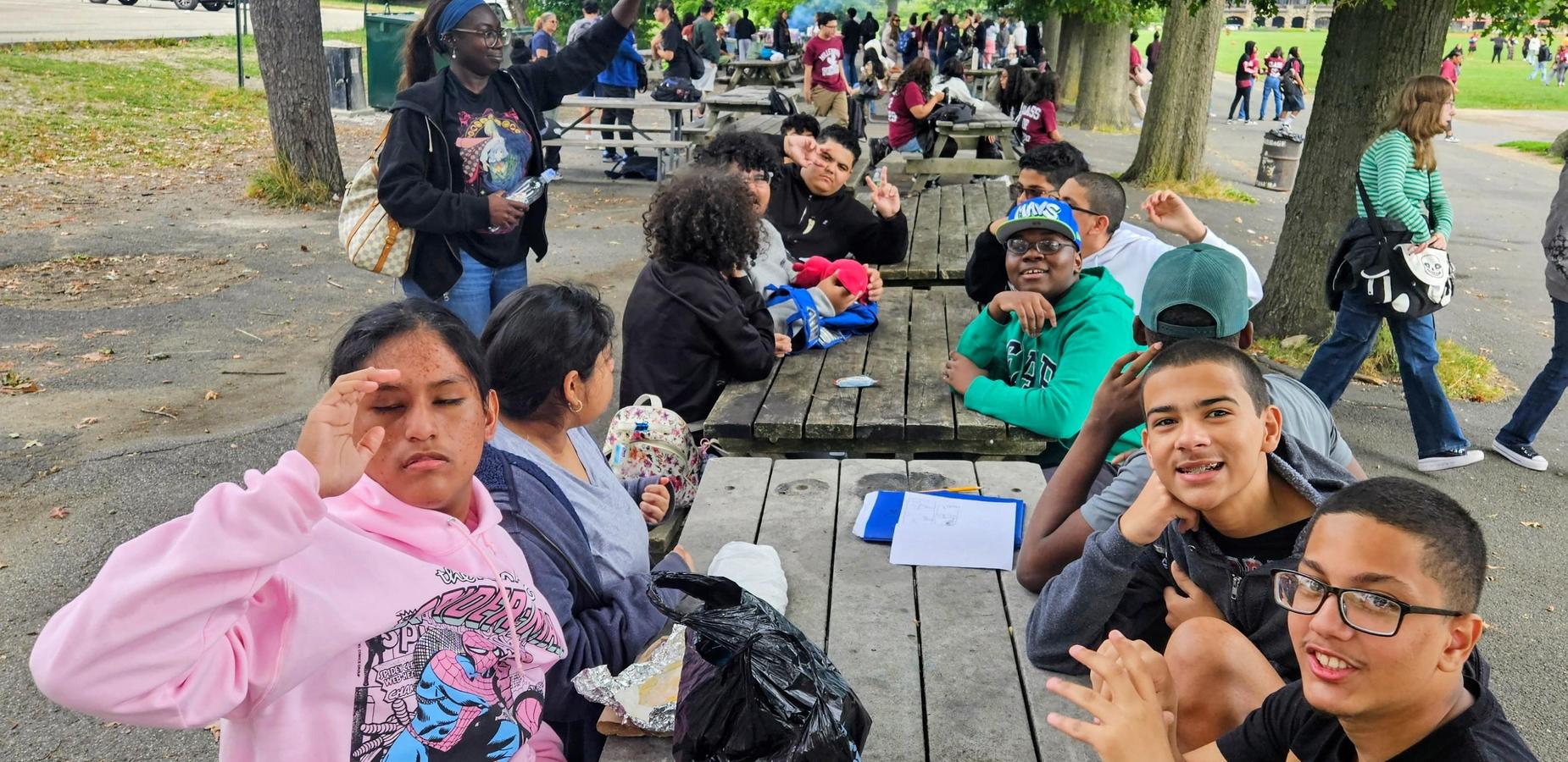 Students pose for community building trip.