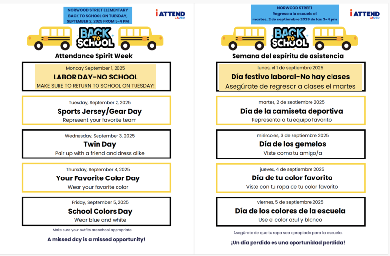 BACK TO SCHOOL SPIRIT WEEK/ SEMANA DEL ESPÍRITU DE ASISTENCÍA