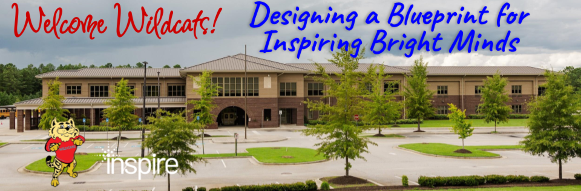 Welcome message for Parkway Elementary, featuring school building and friendly mascot.
