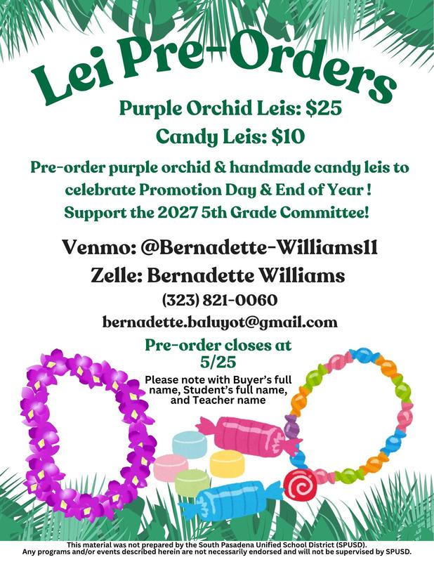 5th Grade Fundraiser - Promotion Lei Pre-Orders by May 25