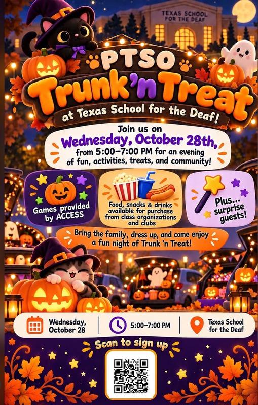 Halloween-themed event flyer with pumpkins, ghosts, and festive decorations.