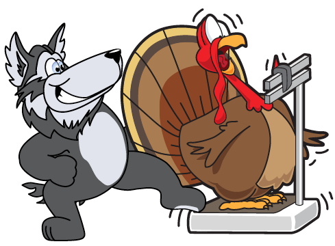 Turkey on scale and wolf stepping on it