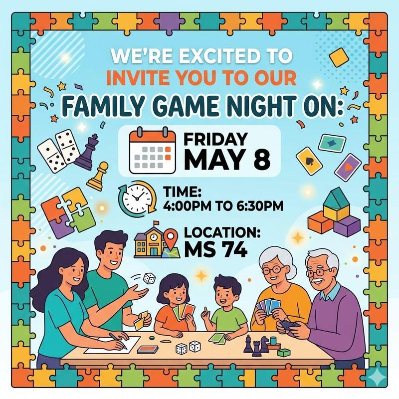 Information about family game night, time and location