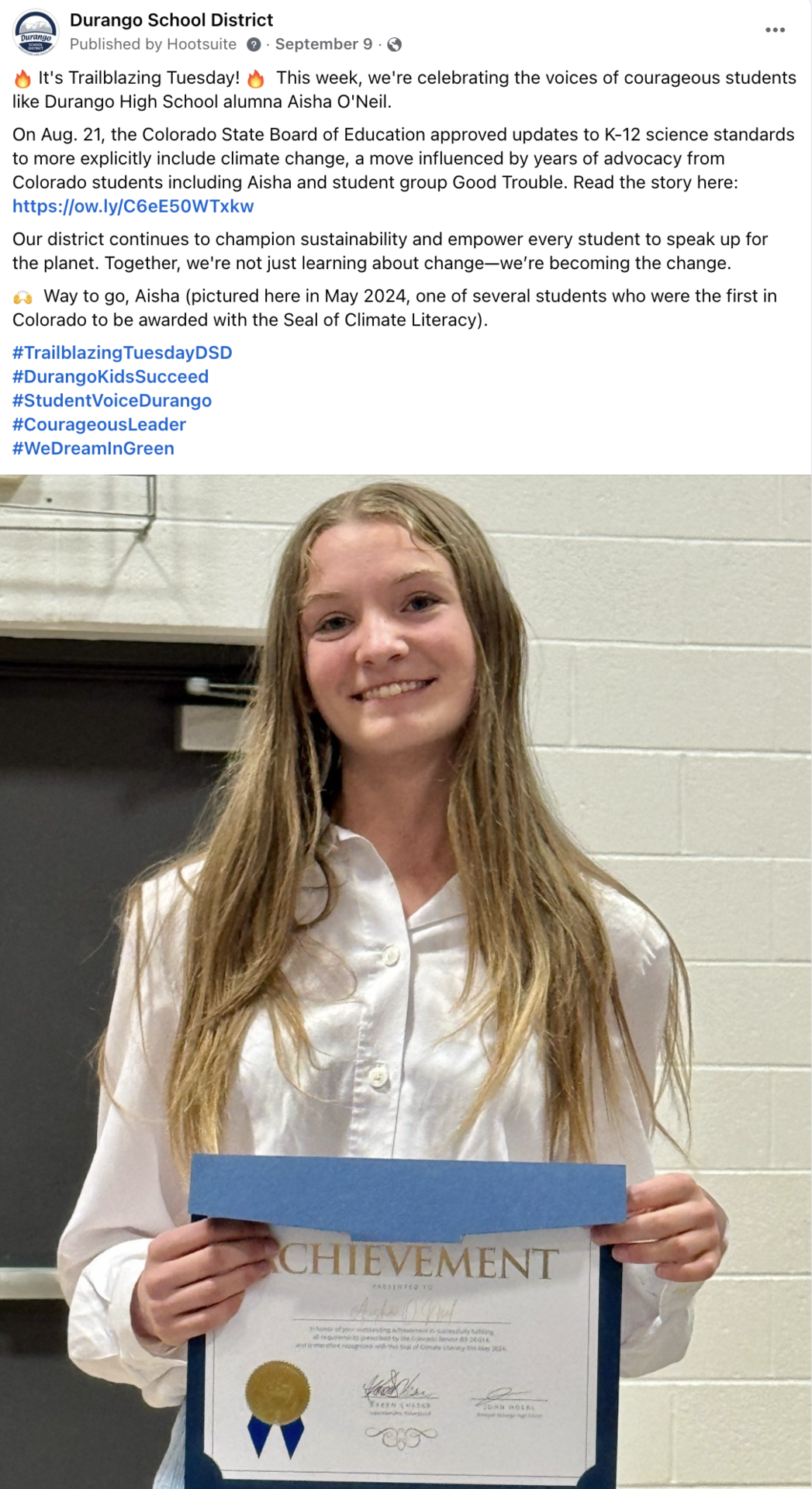 Facebook post showing a high school student with long, blonde hair holding a certificate