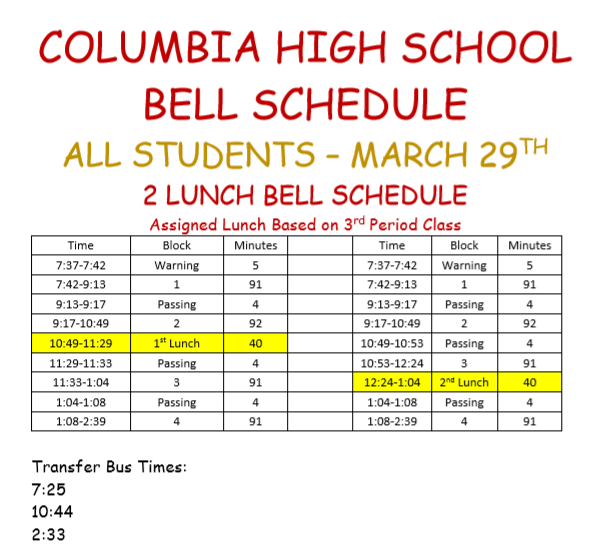 Bell Schedule Secondary To 4 Days A Week Columbia High School