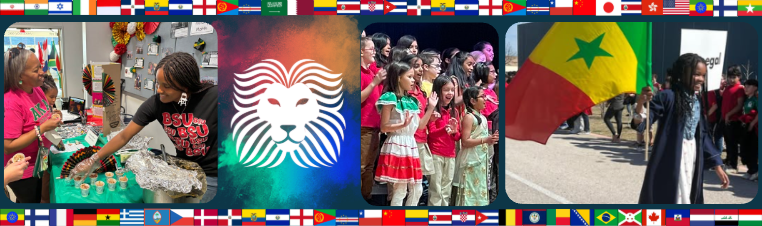 students celebrate their cultures through food samples, singing, and flags