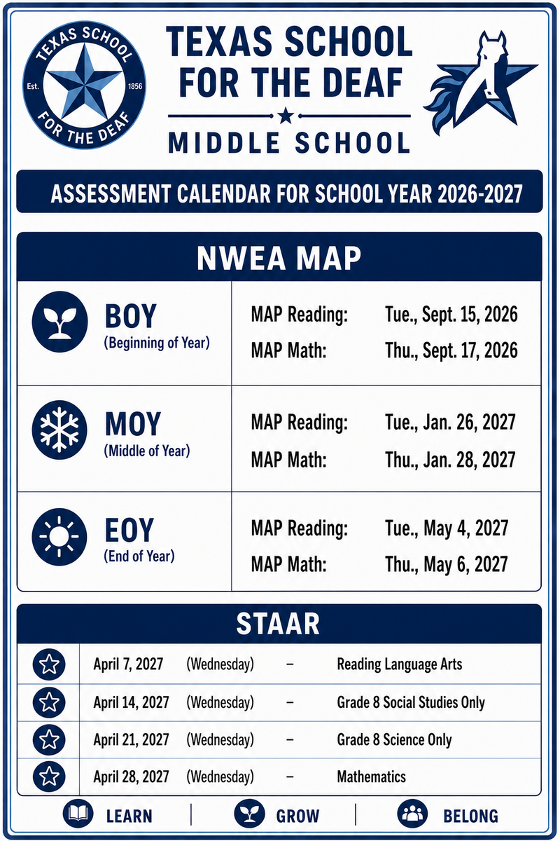 Texas School for the Deaf assessment calendar for 2026-2027.