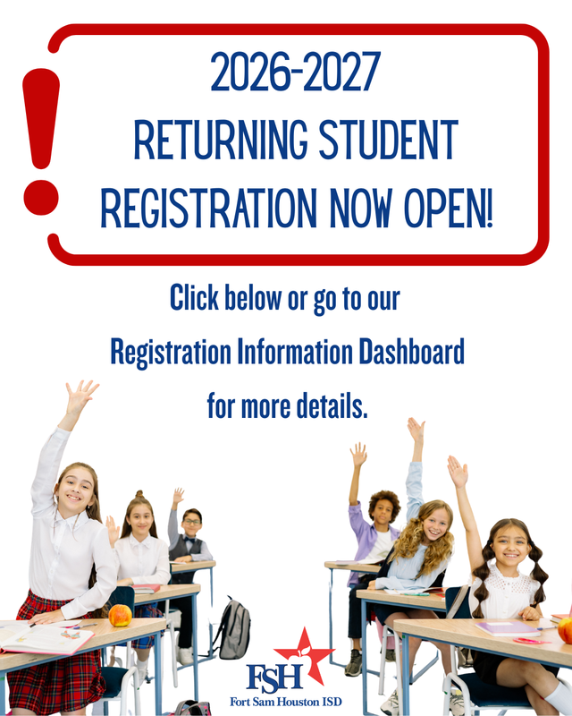 2026-2027 Returning student Registration Open, image with students in desks